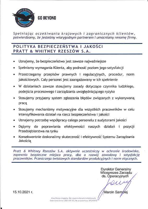 Polityka Bezpieczeństwa W Szkole Podstawowej Wzór Polityka Bezpieczeństwa i Jakości - Pratt & Whitney Rzeszów